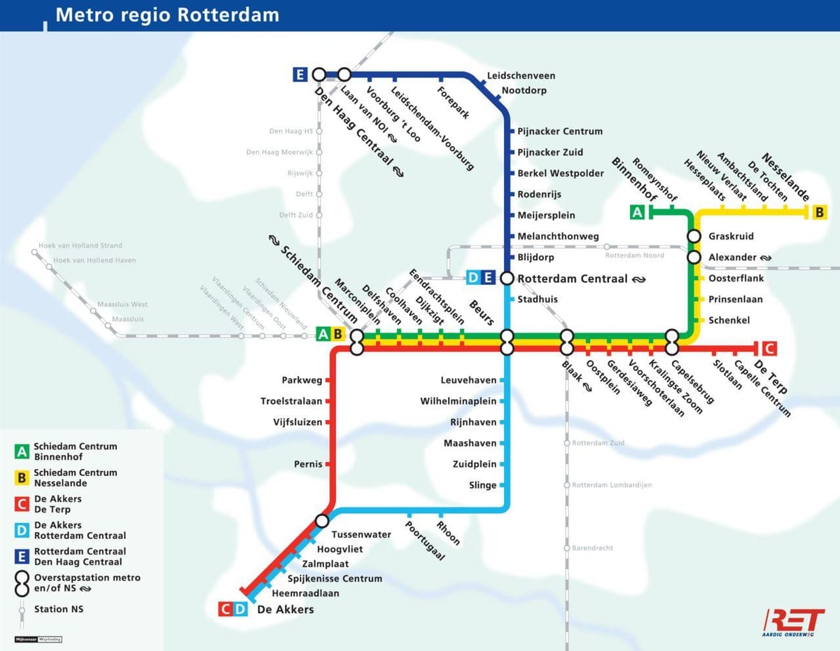 Kort over metro i Rotterdam, holland