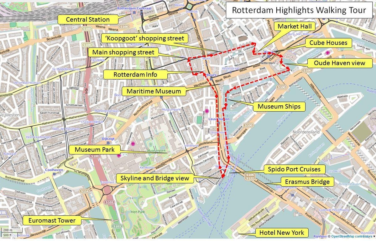 Kort over Rotterdam walking tour 